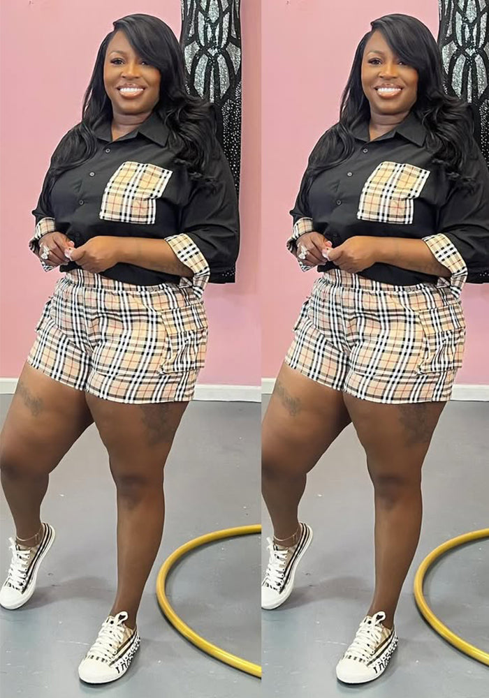 Women's Fashion Fitted Shirt Multi-Pocket Checkered Shorts Set