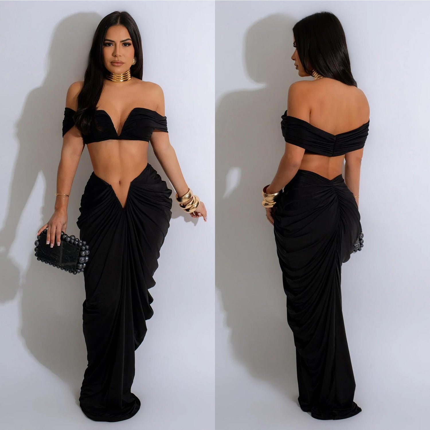 Fashion Women's Solid Color Sexy Off Shoulder Crop Top Pleated Skirt Two Piece Set 3