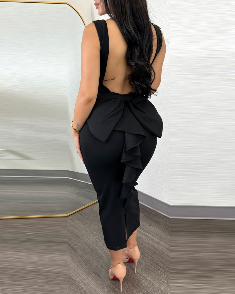 Women Solid Backless Ruffle Patchwork V-Neck Dress 3