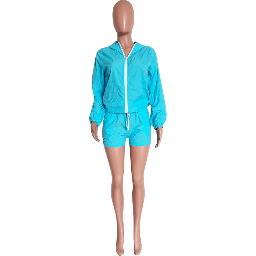 Women's Fashionable casual long sleeve sun protection Hooded Top and Shorts set 12
