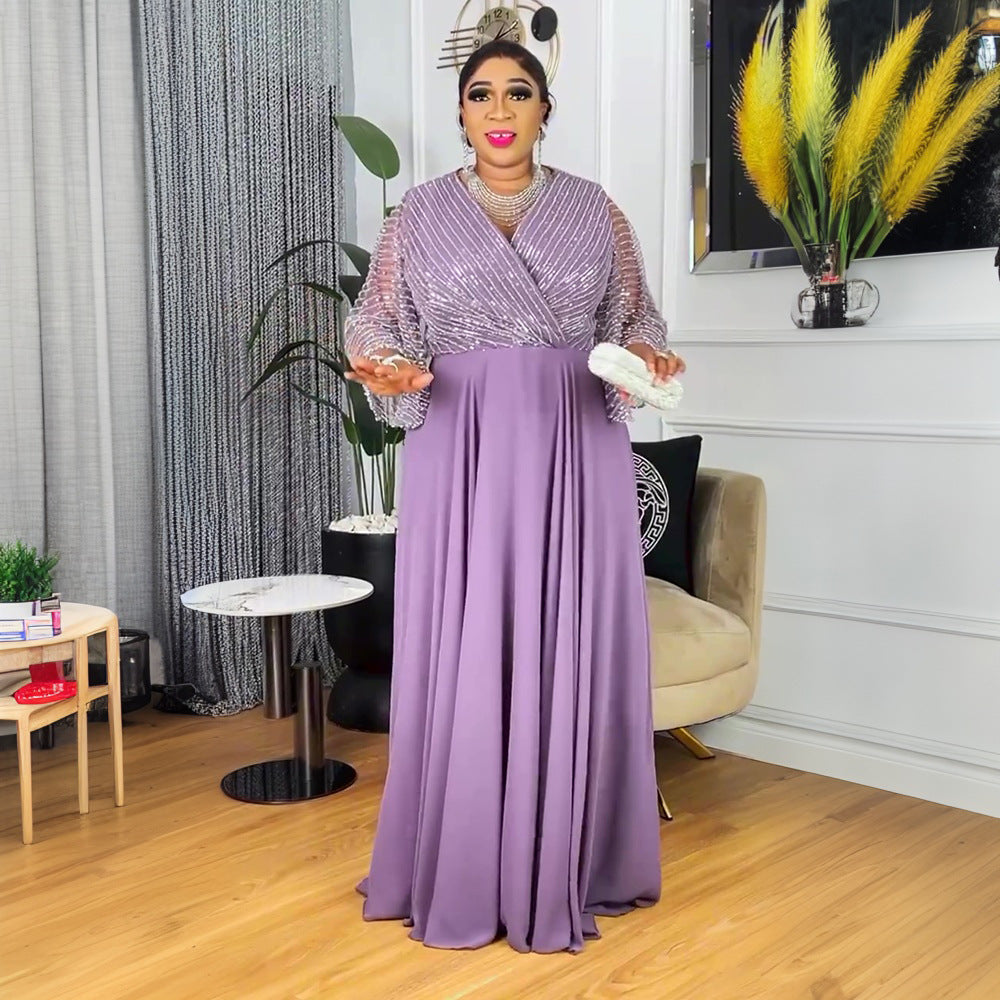 Muslim Dubai Women's African Sleeve Loose Casual Beaded Robe Dress