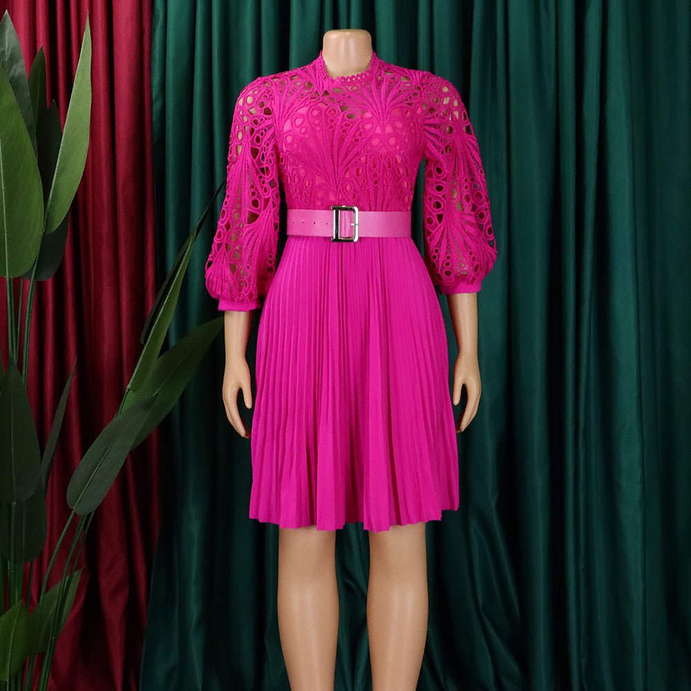 Women'S Chic Solid Color Lace Crochet Cutout Pleated Dress 16