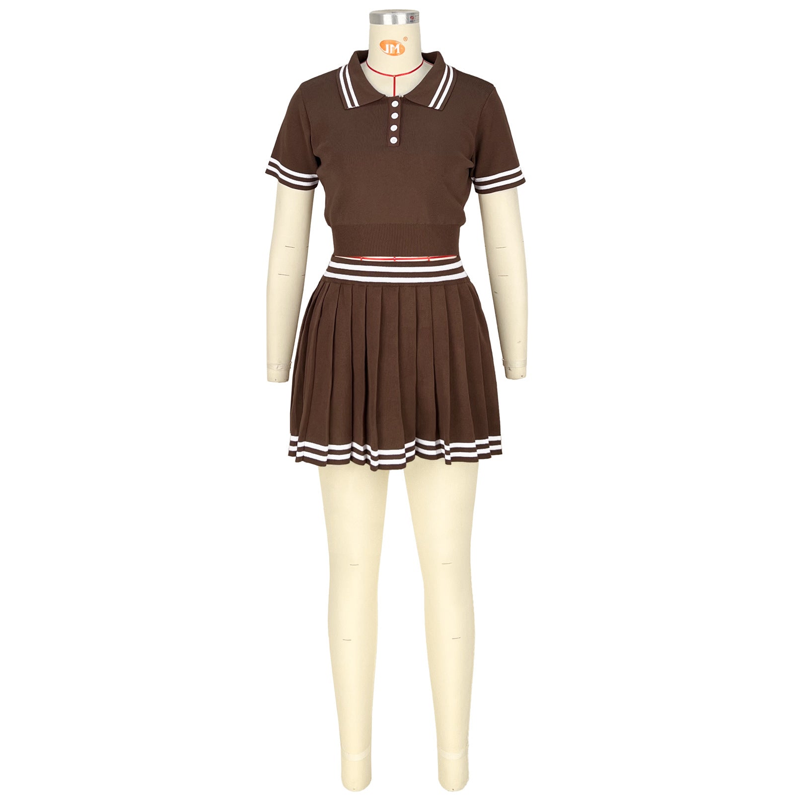 Women's Clothing Turndown Collar Contrast Color Short Sleeve Knitting Shirt Pleated Skirt Two-Piece Set 9