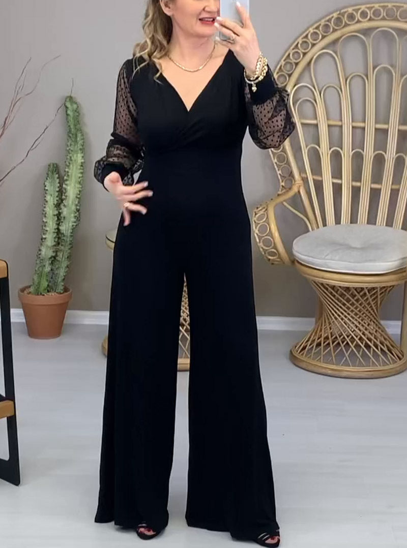 Long Women's Mesh Sleeves V-Neck Slim Fashion Jumpsuit