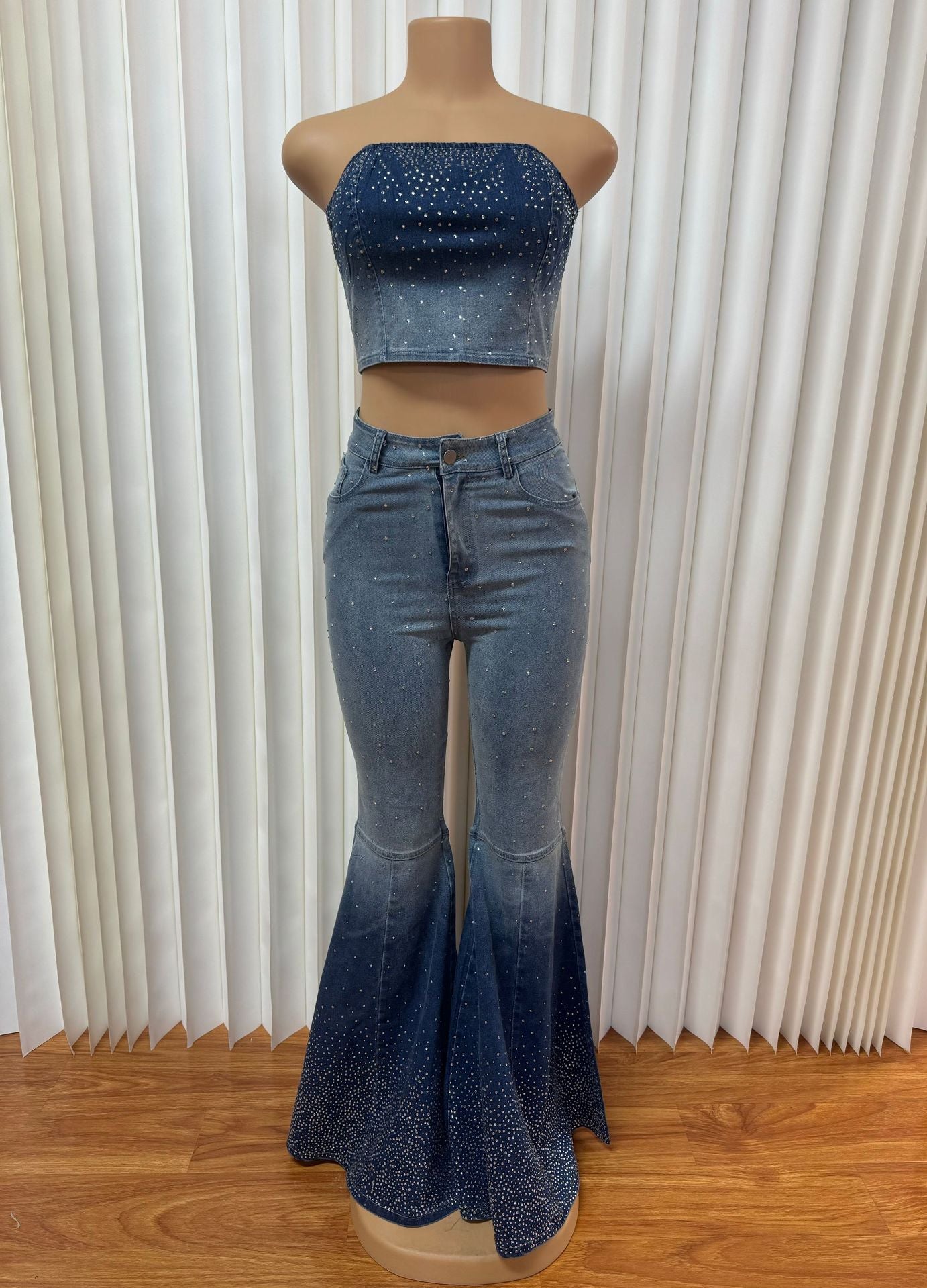 Women Beaded Denim Strapless Crop Backless Top and Bell Bottom trousers two-piece set 8