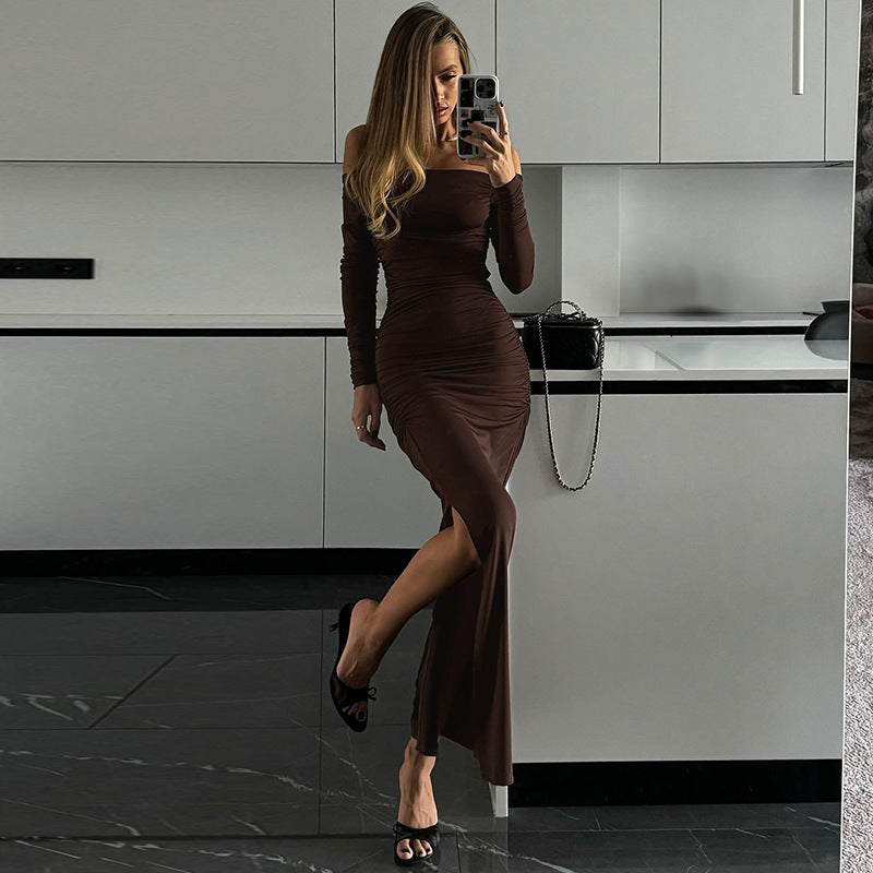 Women Off Shoulder Sexy Pleated Slit Dress 9