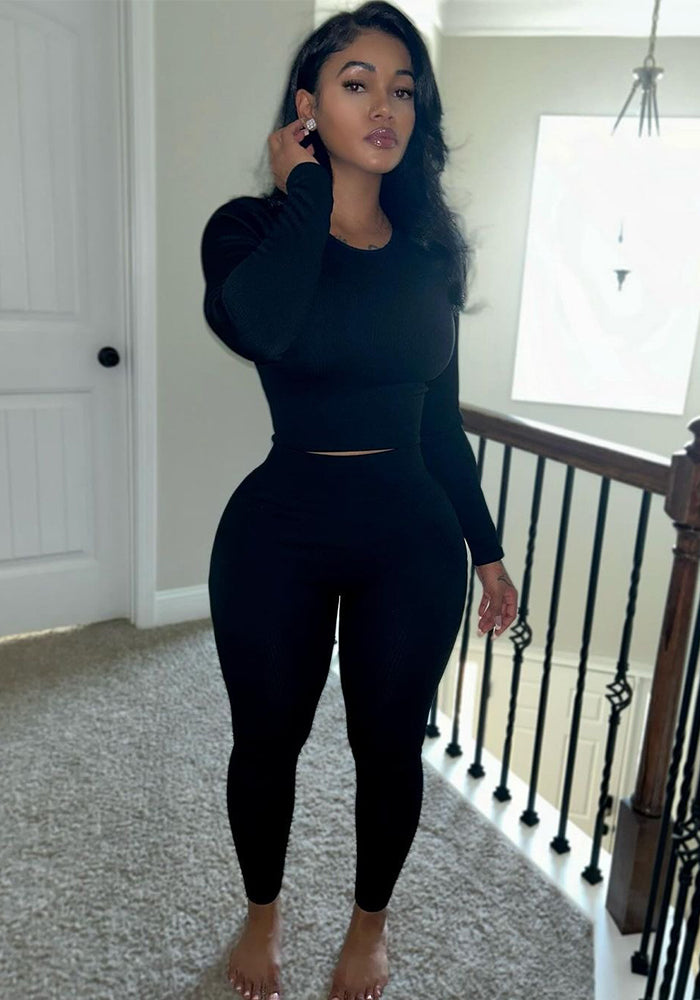 Women's Fashion Round Neck Rib Casual Sexy Sports Trend Fashion Two Piece Pants Set