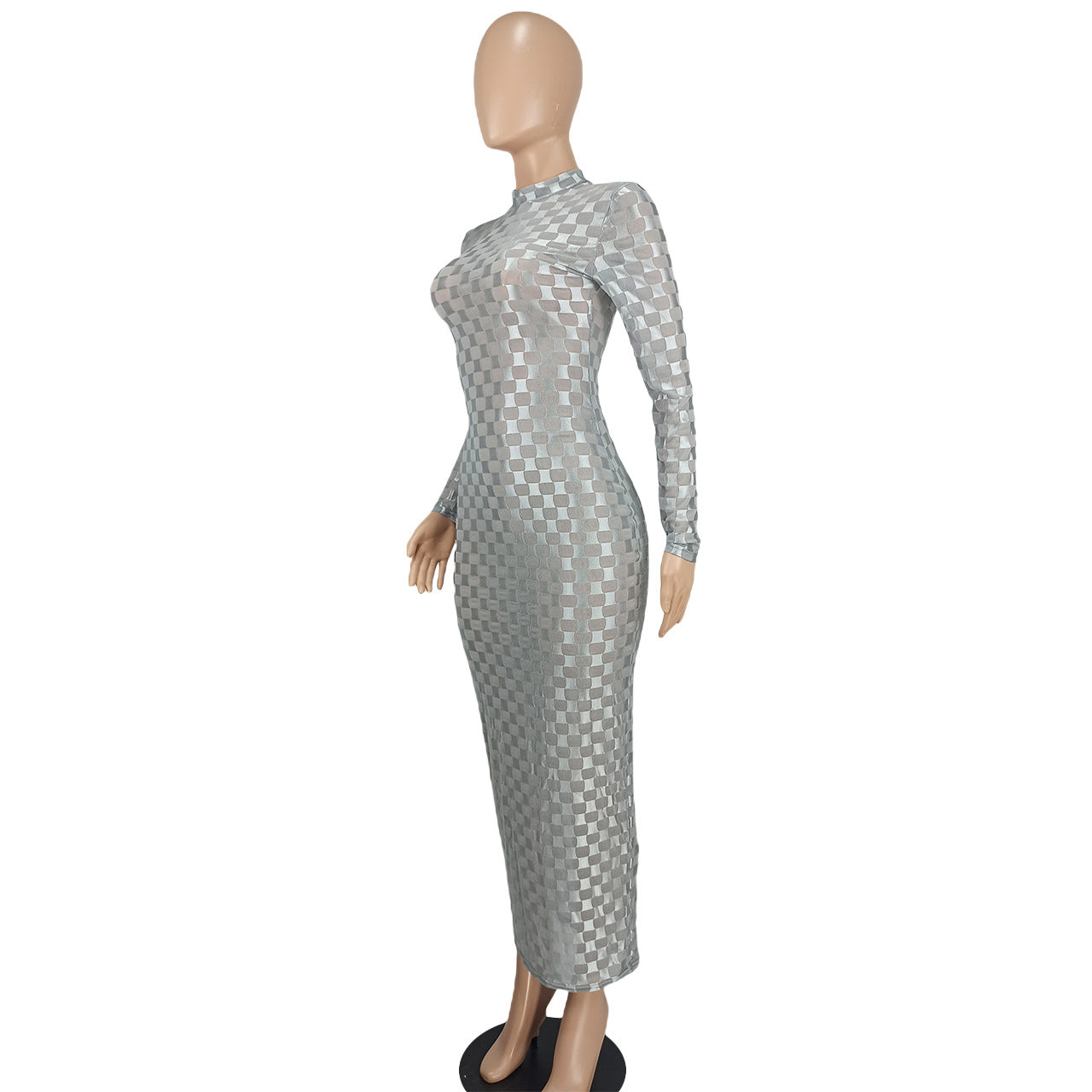 Women's Clothing Sexy Fashion Plaid Mesh Long Dress 13
