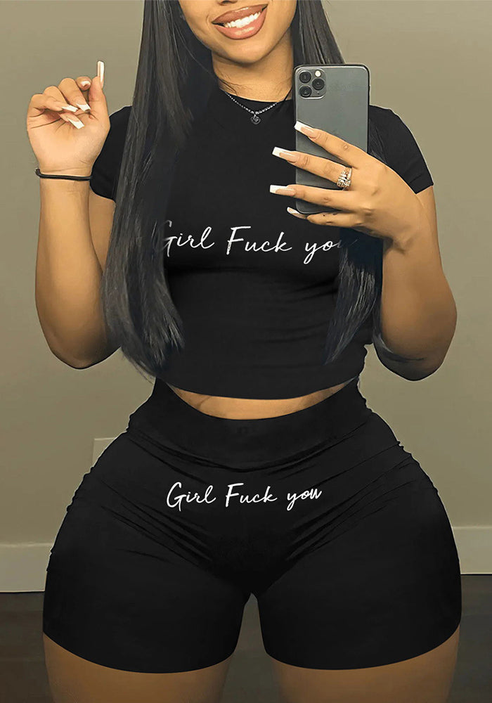 Women's Letter Printed Sports Short-Sleeved Round Neck Casual Two Piece Shorts Set