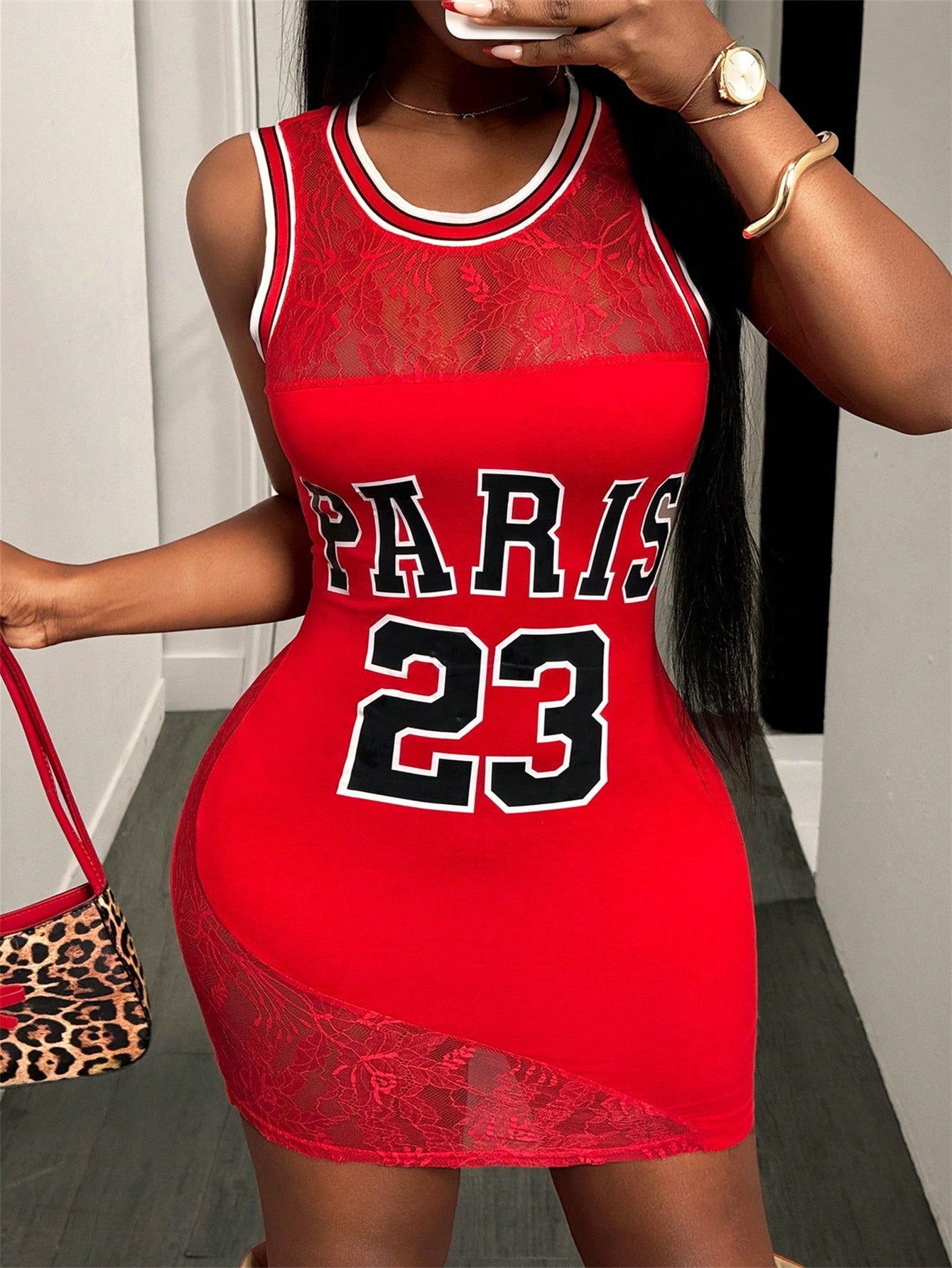 Women summer Letter print lace See-Through American sleeveless dress 3