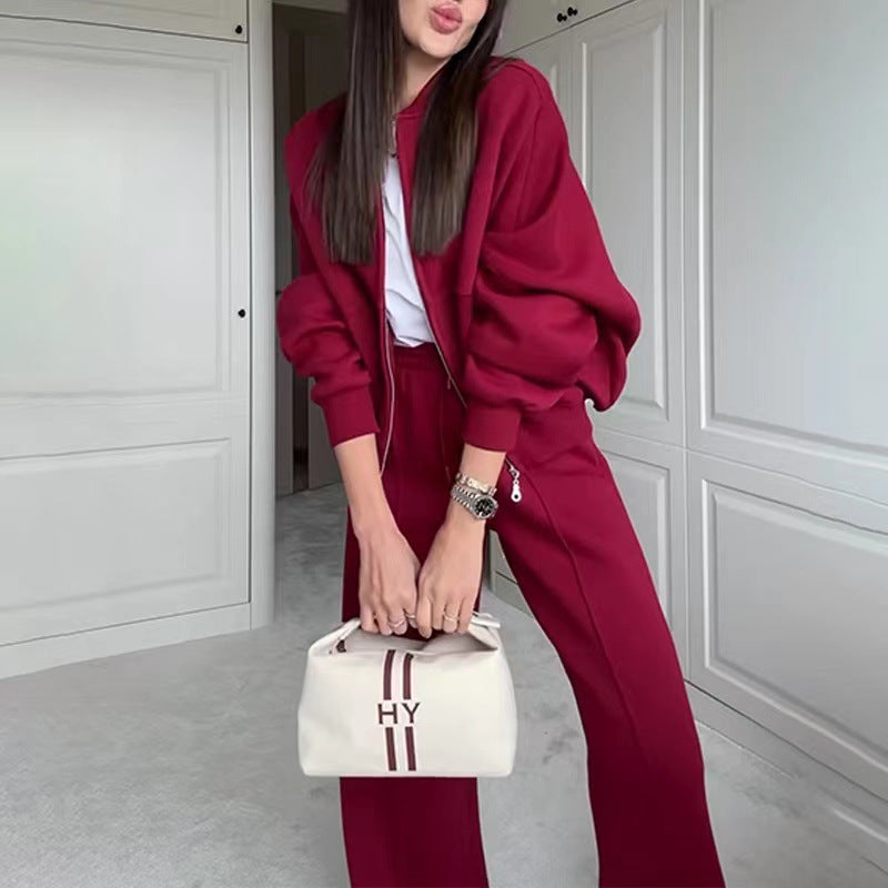 Autumn solid color zipper loose top Casual trousers set 4
