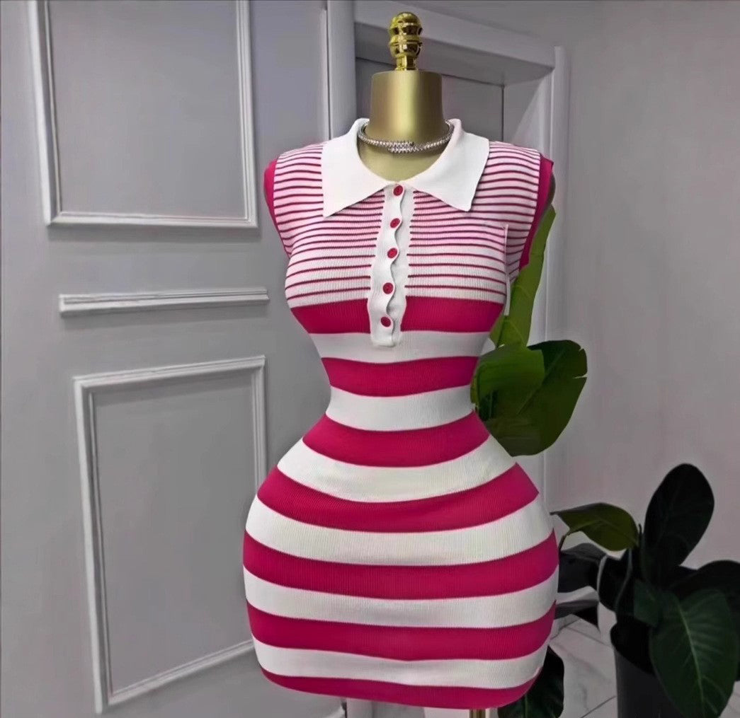 Women's Chic Fashion Striped Turndown Collar Sleeveless Slim Knit Dress 6