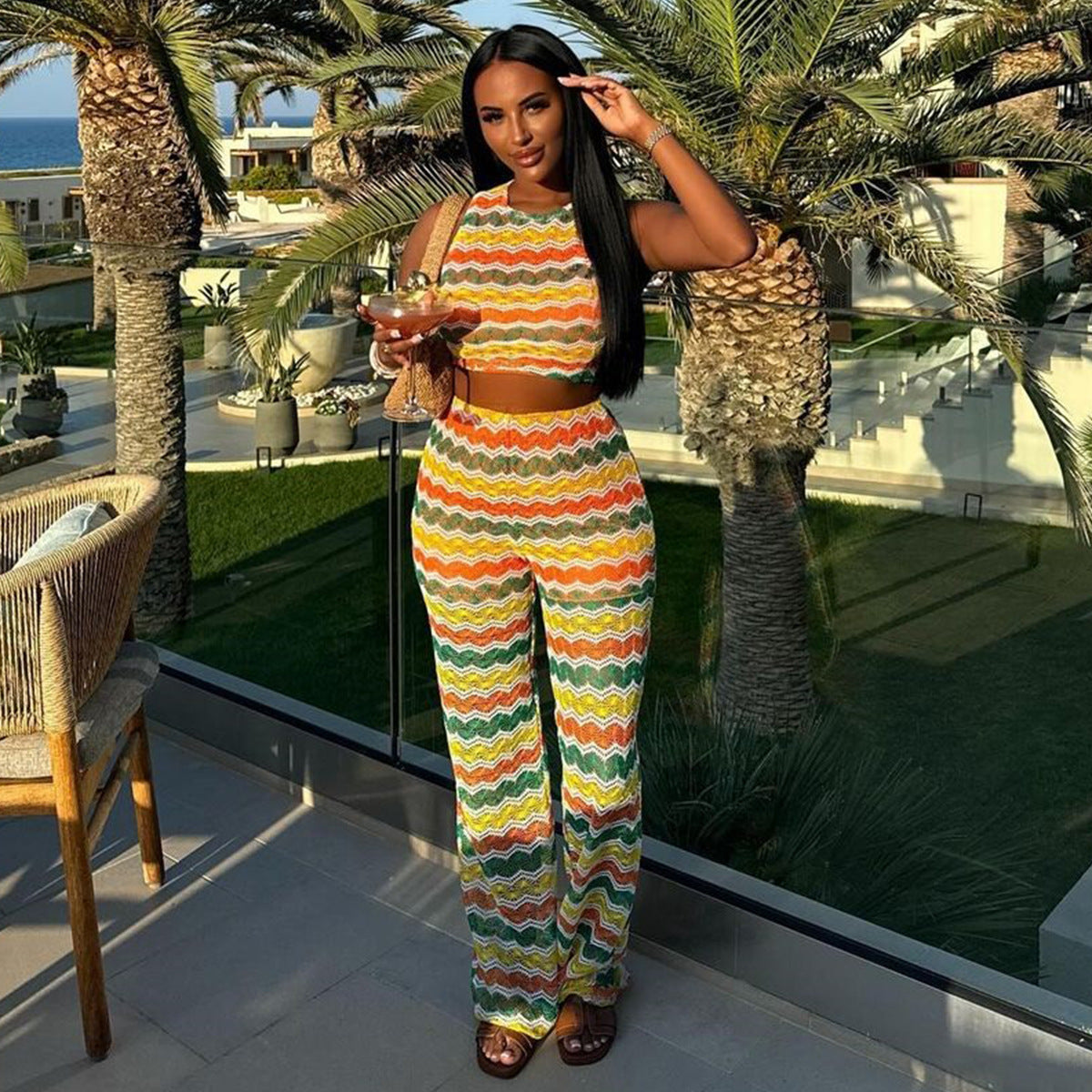 Summer Colorful Striped Sleeveless Knitting Two Piece Pants Set 3