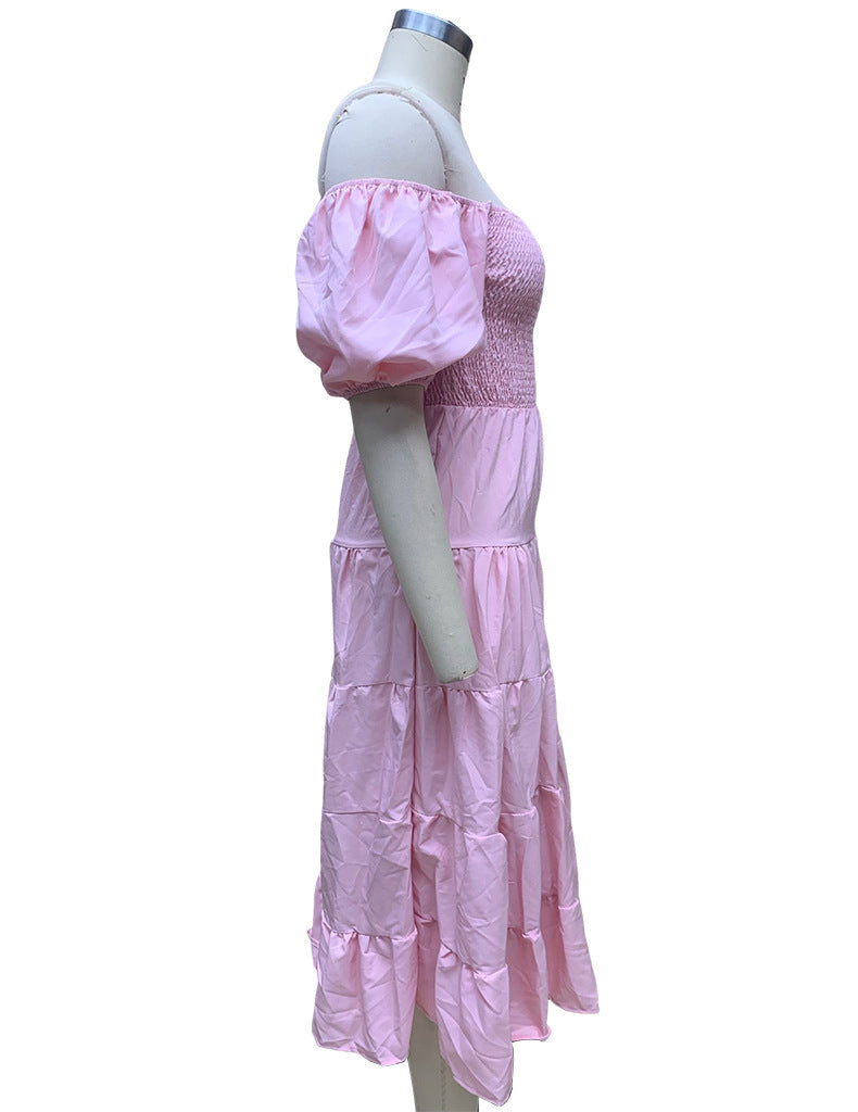 Summer Women's Fashion Loose Off Shoulder Puff Sleeve A-Line Midi Dress 16