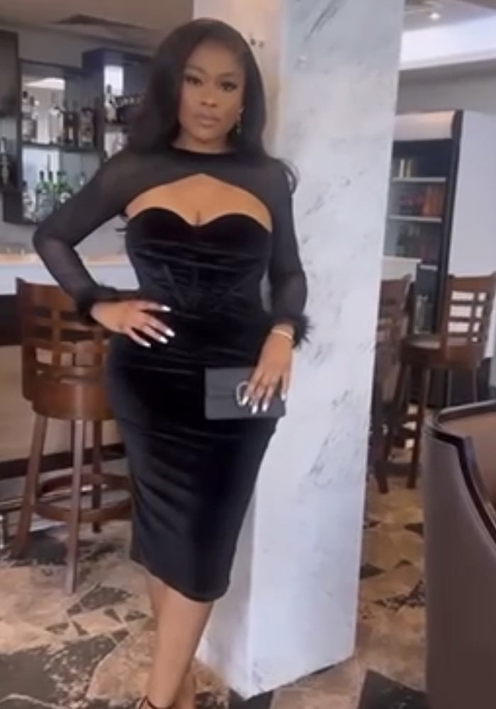 Low-Cut Sexy strapless Low-Back Bodycon Dress Feather Patchwork Long-Sleeve Top Two Piece Set