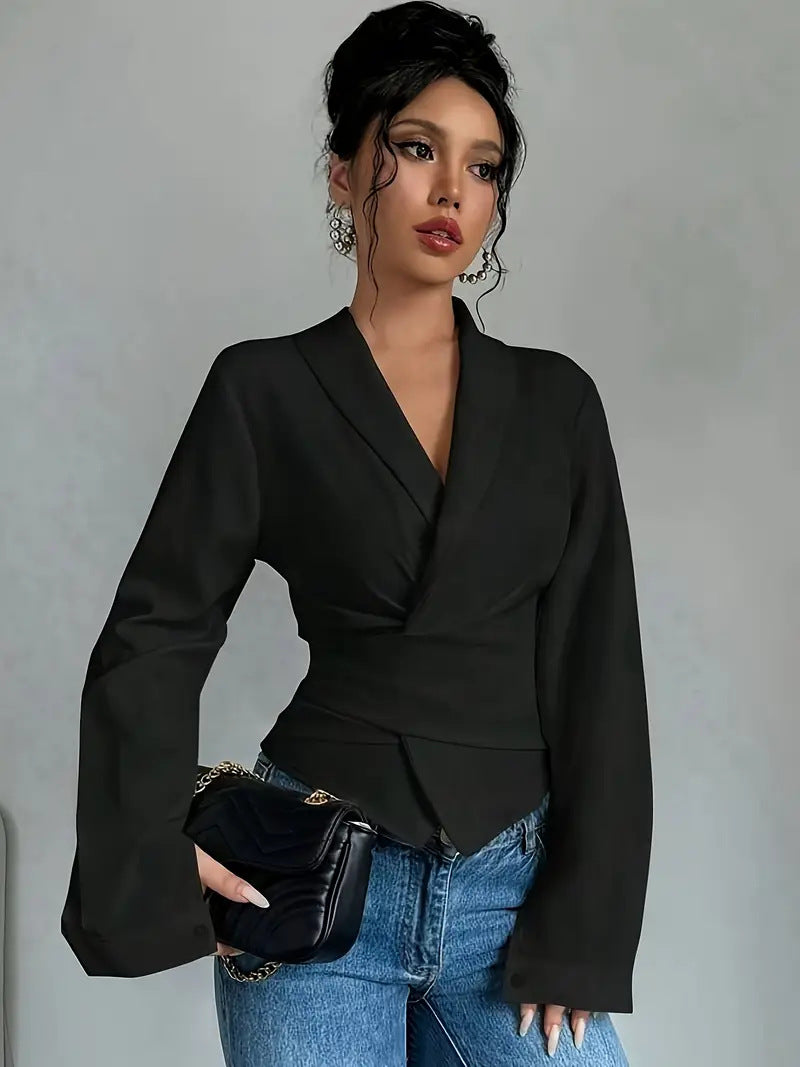 Fashion Lace-Up Solid Color Women's Long Sleeve Turndown Collar Shirt 6