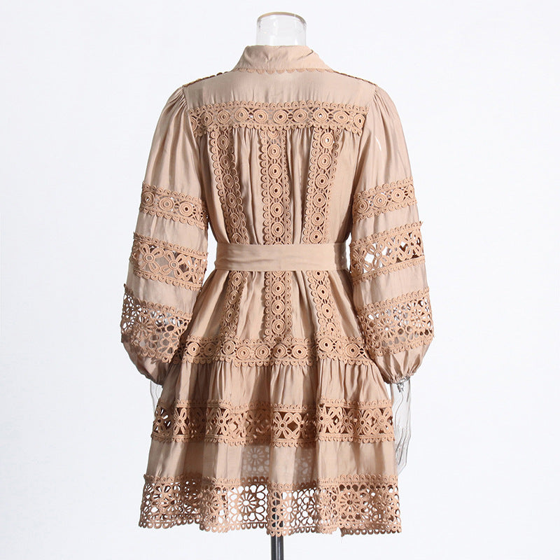 Women's Summer Chic Long Sleeve Hollow Belt Slim Waist Short Dress 13