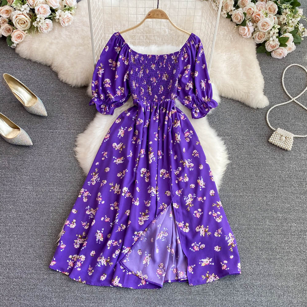 Women Summer French Square Neck Bubble Short Sleeve Slit Dress 5