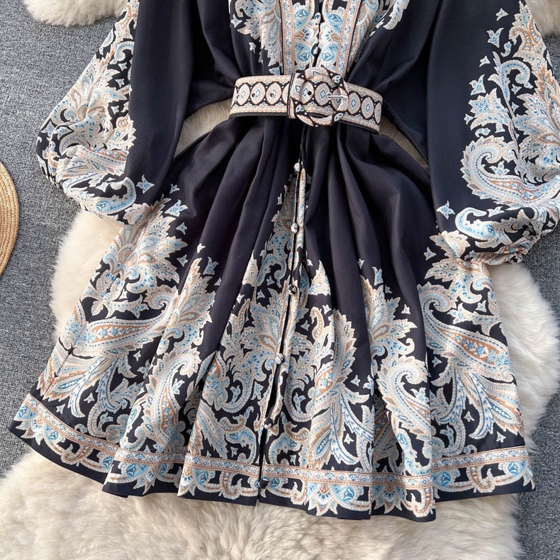 Women Spring French Vintage Print Single-Breasted V-Neck Lantern Sleeve Maxi Dress 15