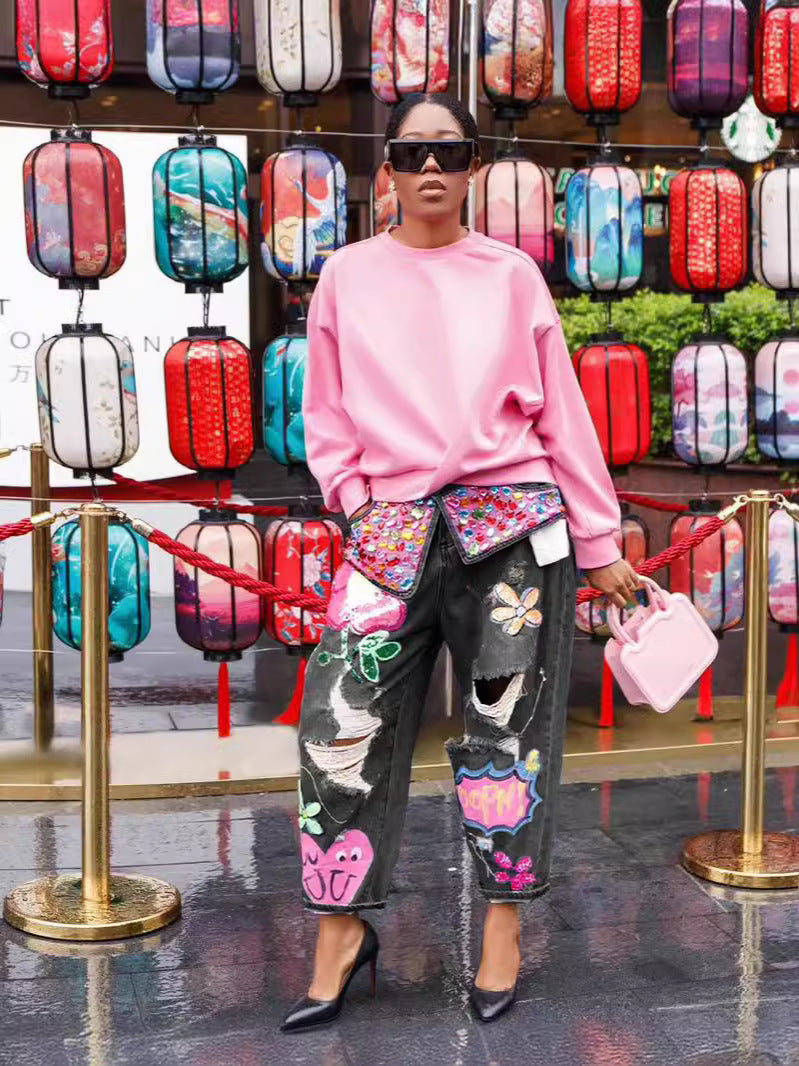 Fashion Beaded Print Cut Denim Pants 5