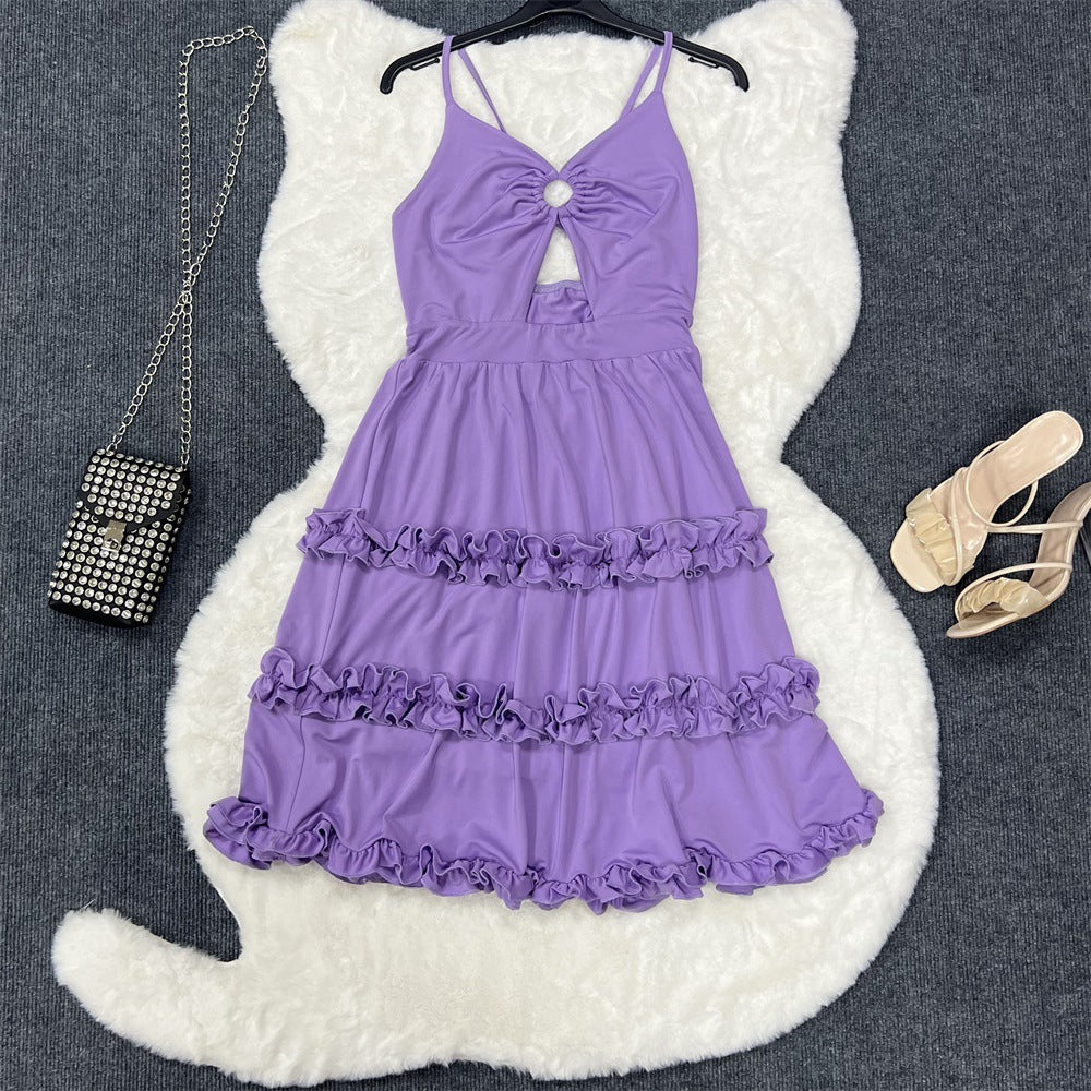 Low Back Halter Chic Ruffle Edge Sexy Slim Straps Women's Dress 5