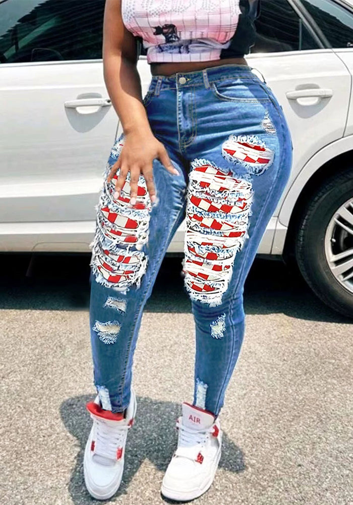 Women summer red plaid patchwork ripped casual stretch denim pants