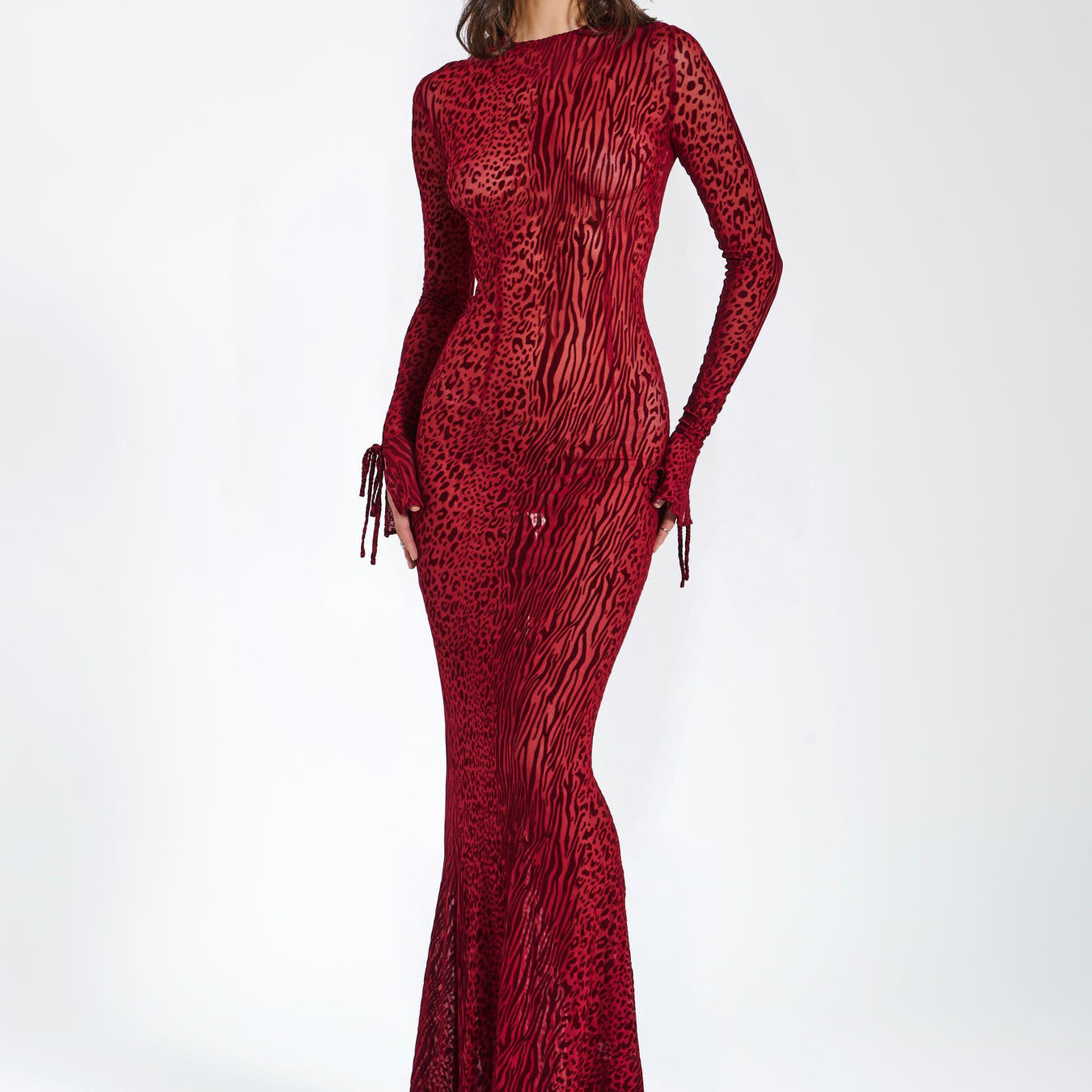 Sexy Low Back Bell Bottom Sleeve Fishtail Red Leopard Print Mesh Long Dress 3