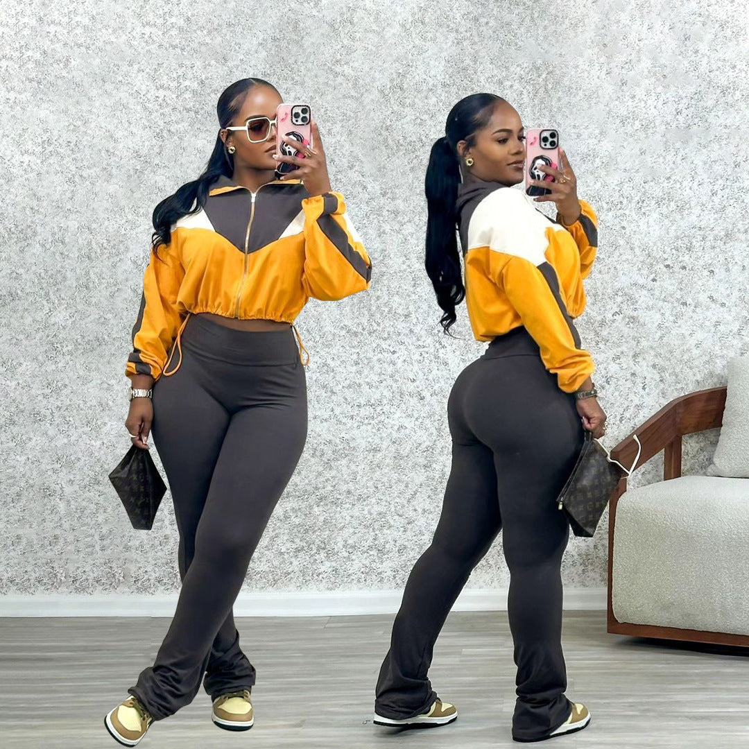 Women Contrast Color Long Sleeve Top and Pants Two-Piece Set 7