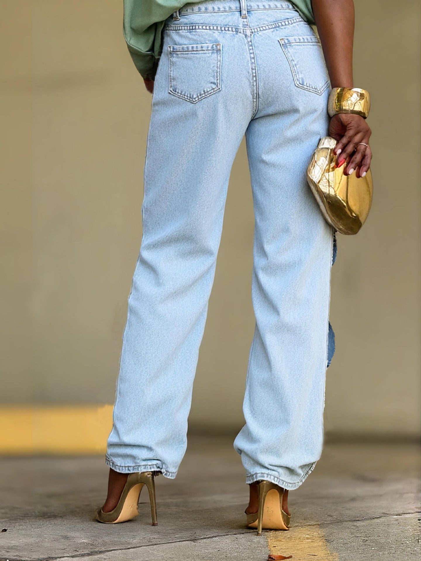 Color Block Patchwork Straight Leg Knot Cut-Out Denim Pants 3