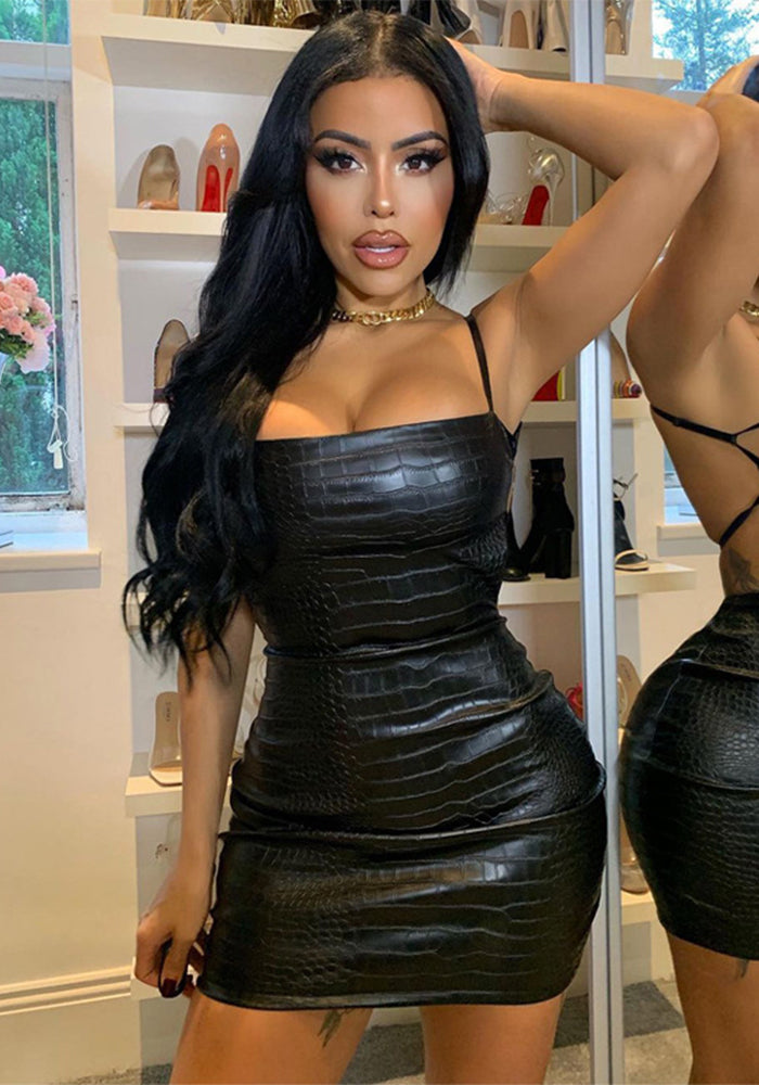 Women Strapless Sexy Backless Bodycon Pu Dress