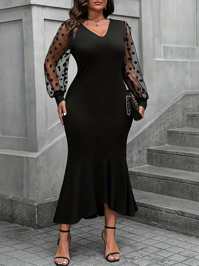 Plus Size Women v-neck sexy Bodycon lace Patchwork fishtail skirt 4