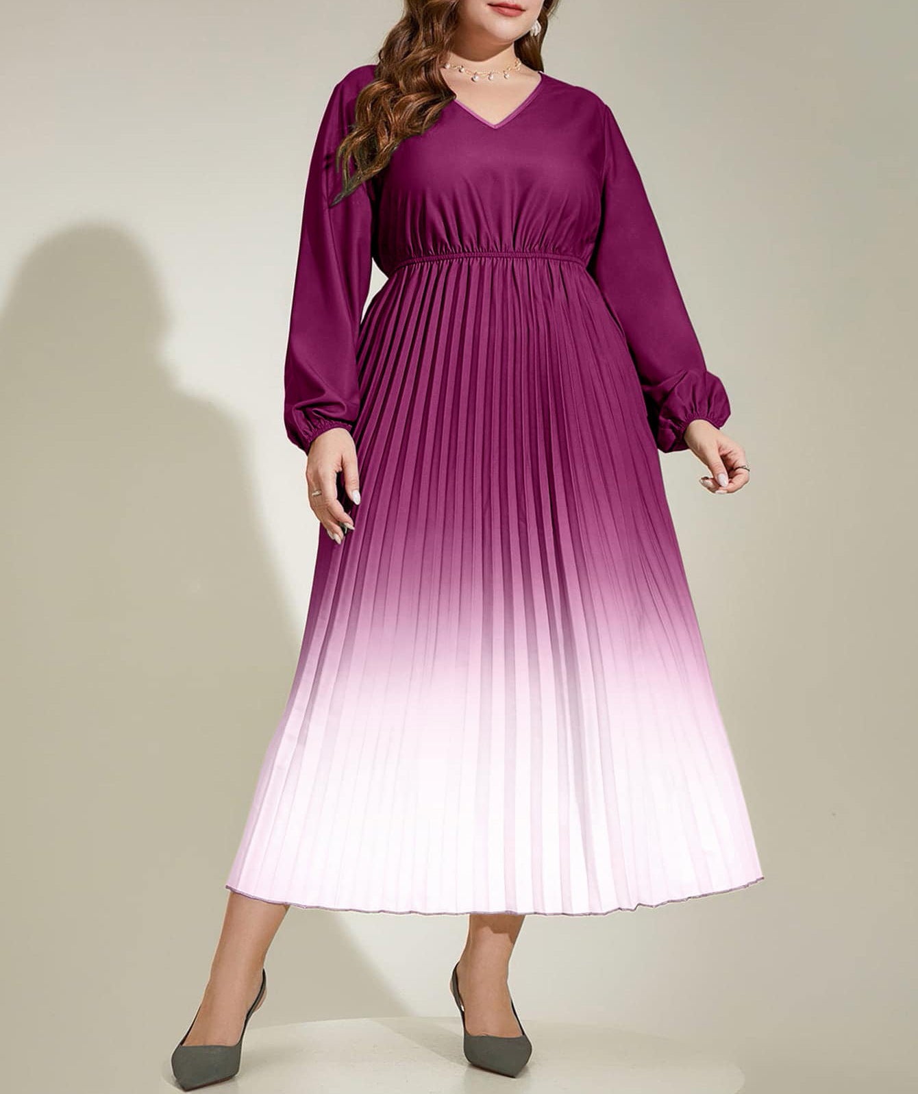 Autumn Chic Gradient Pleated Plus Size Long Sleeve Women's Long Dress