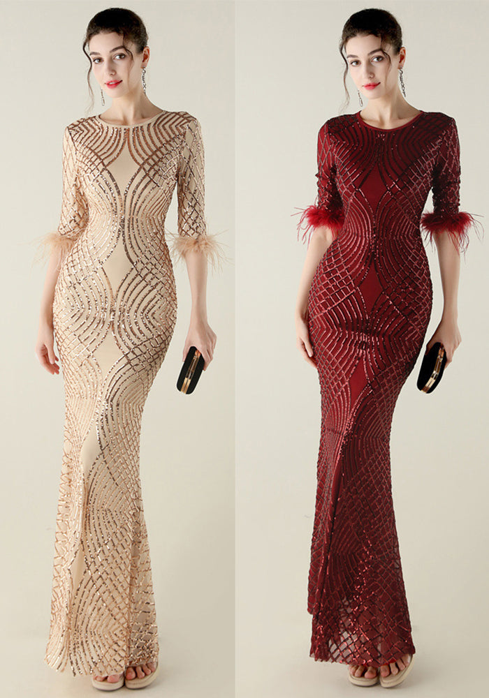 Plus Size Sequin Feather Half Sleeve Fishtail Evening Gown