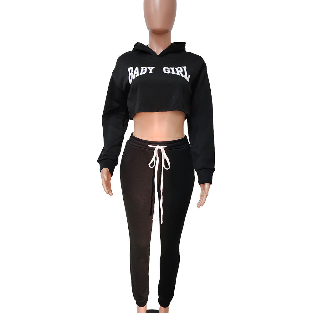 Women Solid Sports Letter Hoodies and Sweatpants Two Piece Set 11