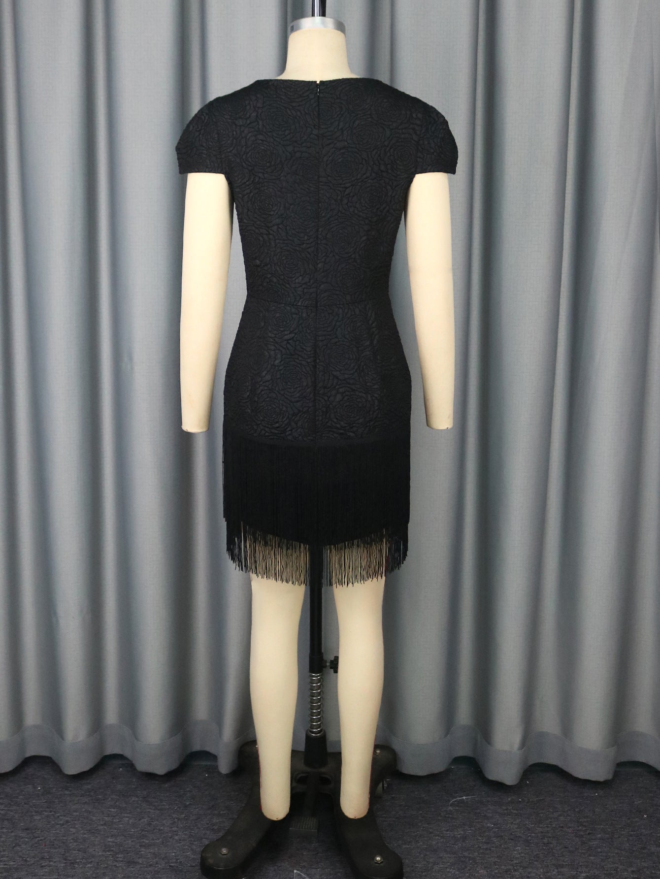 Lace Cut-Out Black Round Neck Dress Fringe Chic Formal Party Gown 7