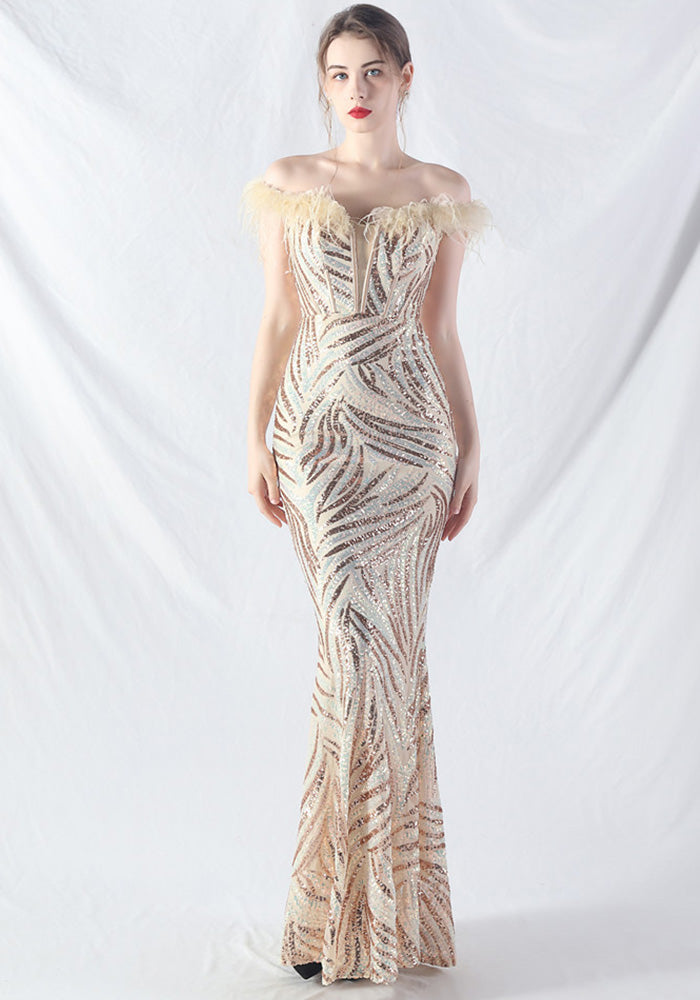 Fishbone Slim Waist Off Shoulder Feather Sequined Evening Dress