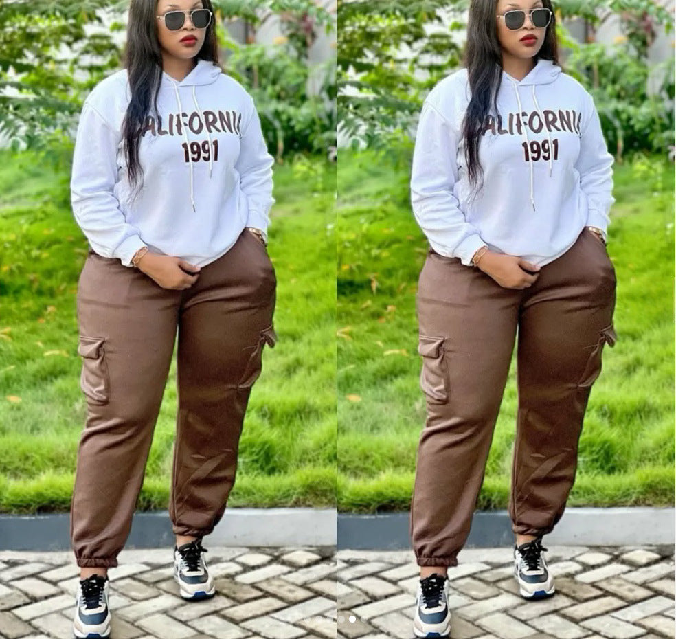 Women Casual Printed Hoodies and Cargo Pants Two-piece Set 4