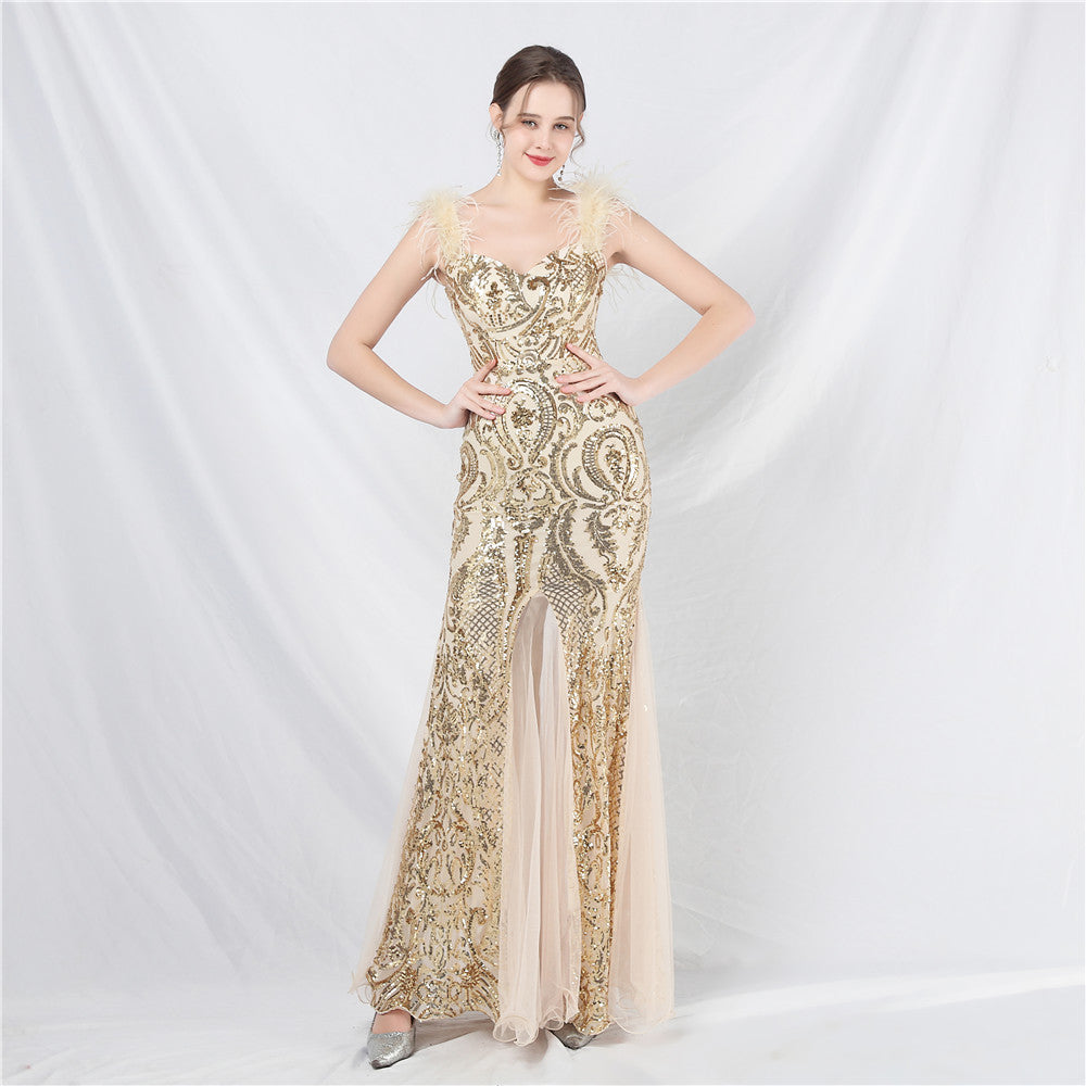 luxury feather mesh sequin long dress 9