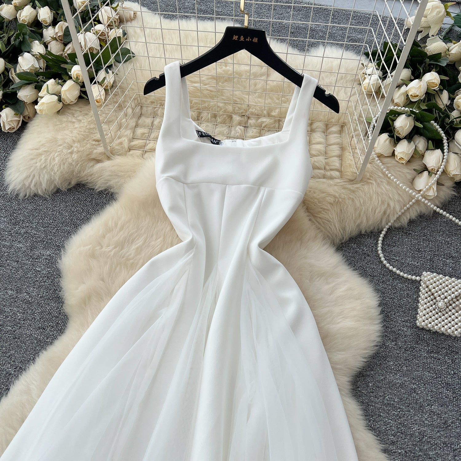 Women's Summer Square Neck Strap Mesh Patchwork Puffy Long Dress 10