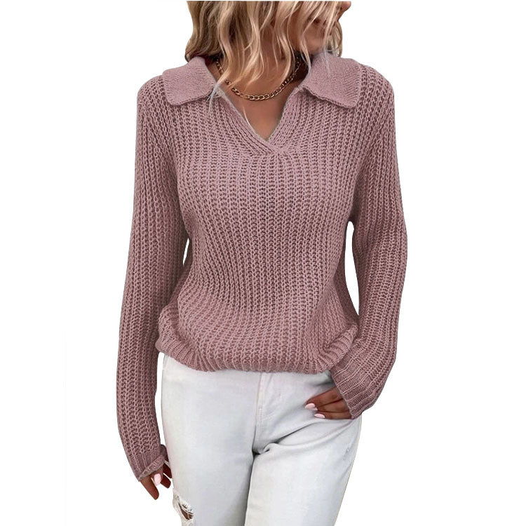Women Turndown Collar Round Neck Sweater 12