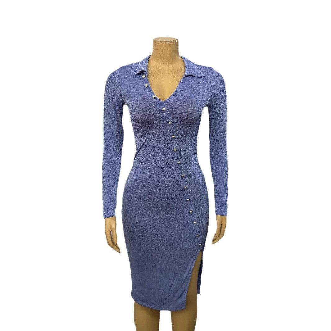 Women Turndown Collar V-Neck Sexy Slit Long Sleeve Solid Bodycon Dress 4