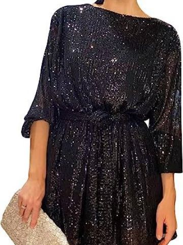 Summer Sequin Round Neck Long Sleeve Casual Loose Sequin Dress 10