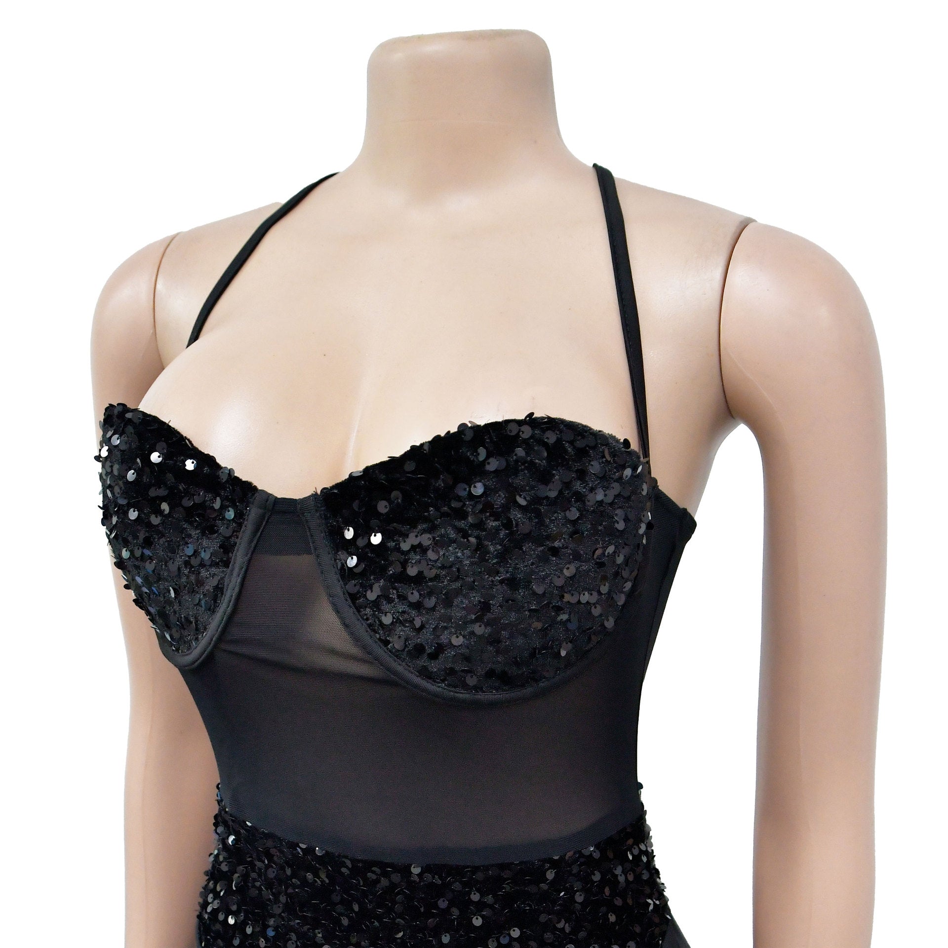 Fashion Women's Solid Color Sexy Strapless See-Through Sequin Dress 14