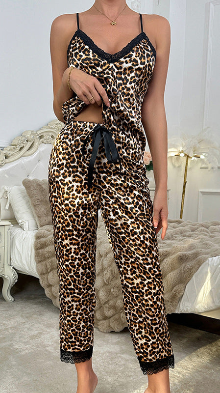 Sexy Leopard Printed Pajama Set Lace Satin Camisole Trousers Homewear 10