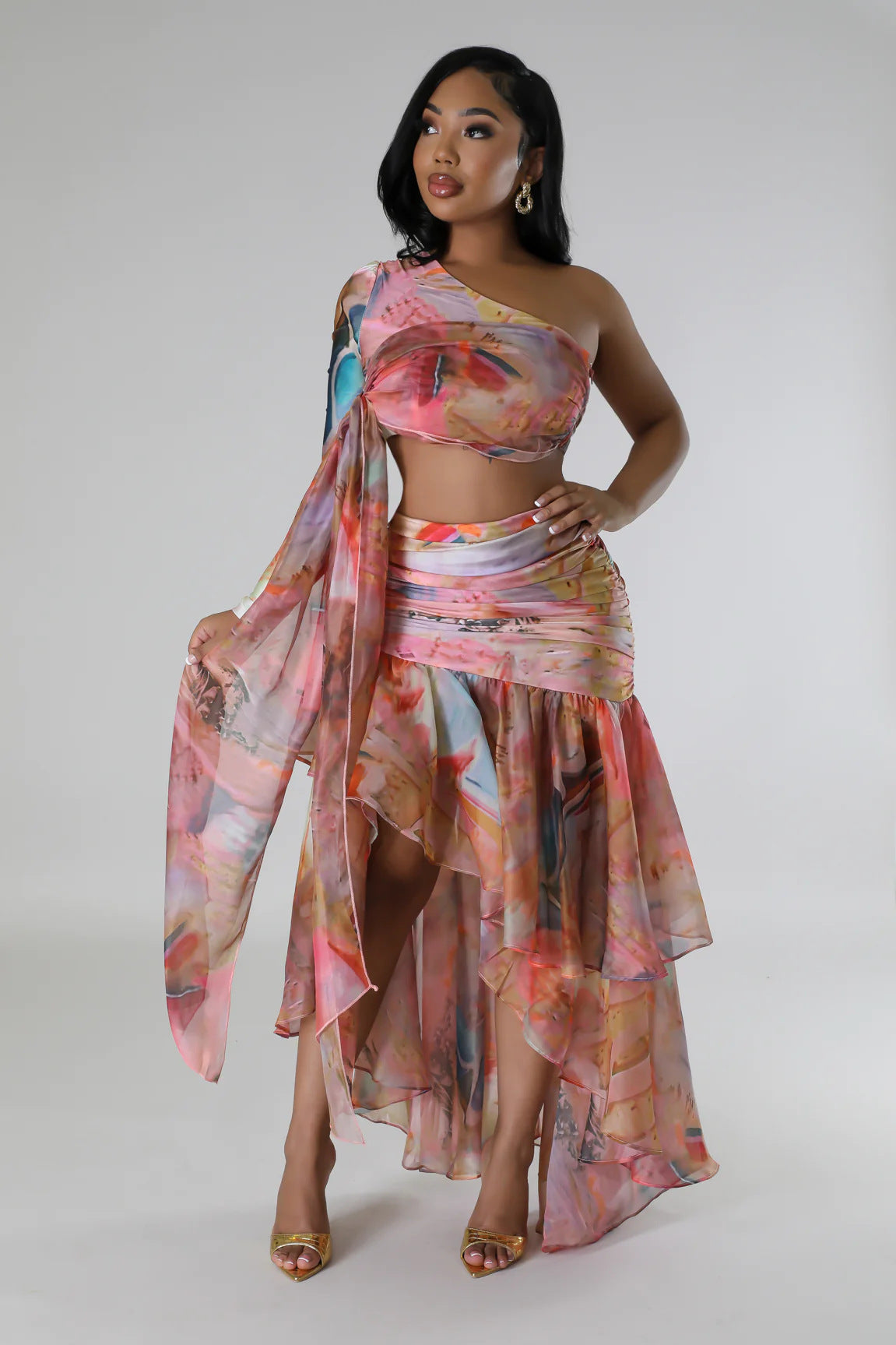 Autumn Women's Oil Painting Print Sexy High Slit Two-Piece Skirt Set 3