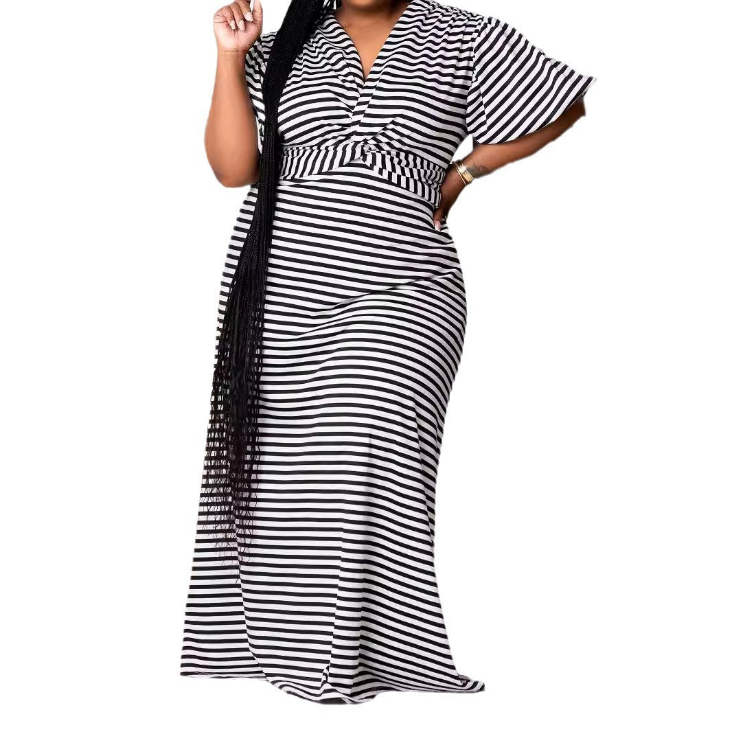 Plus Size Women summer casual cross loose striped short sleeve maxi dress 6