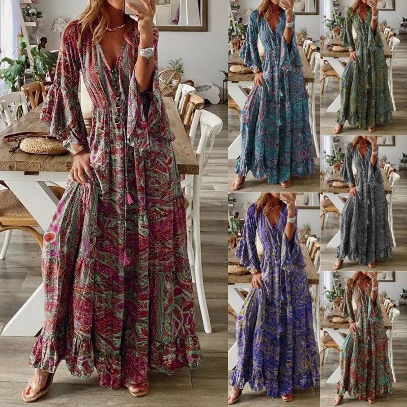 Women Boho Bell Bottom Sleeve Printed V Neck Holidays Maxi Dress 26
