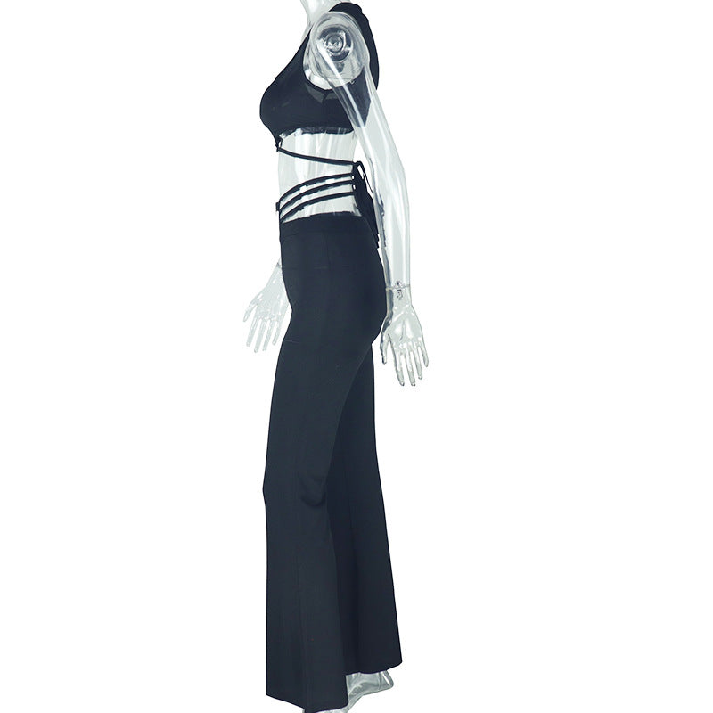Women sexy black sleeveless Top Lace-Up Pants two-piece set 7