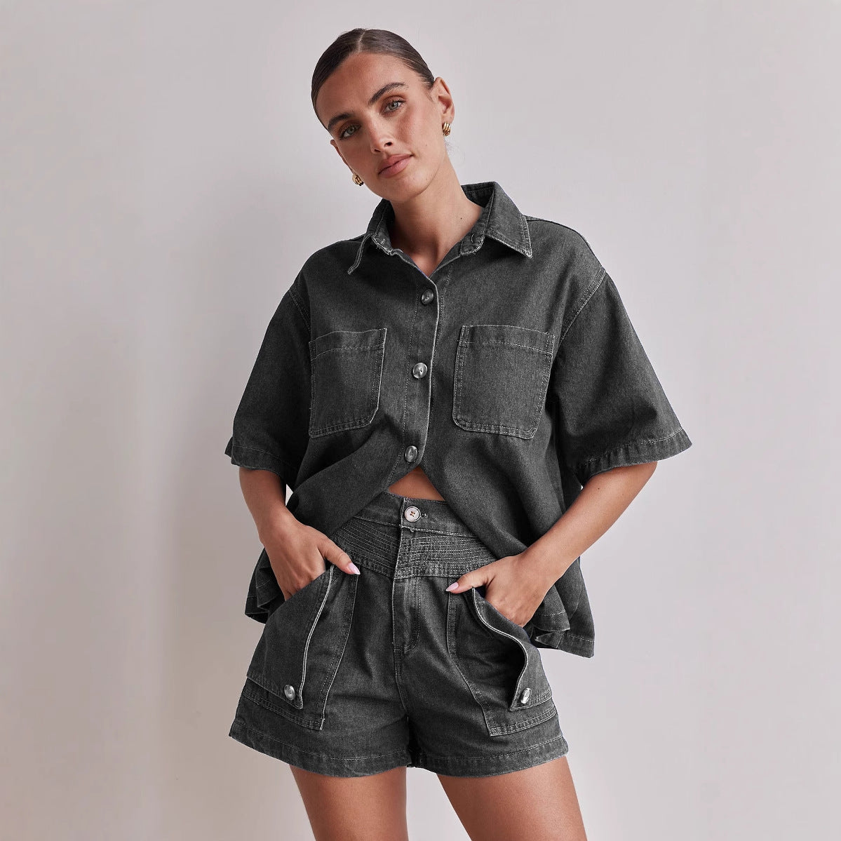 Summer Women's Casual Loose Denim Shirt Shorts Set 7