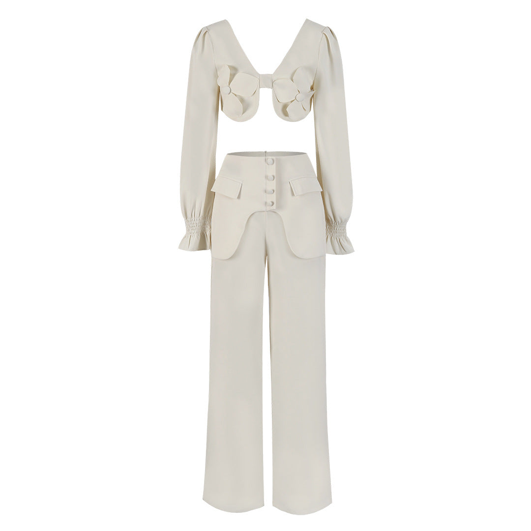 Women Solid Long Sleeve V-Neck Backless Top and Wide Leg Pants Two-Piece Set 17